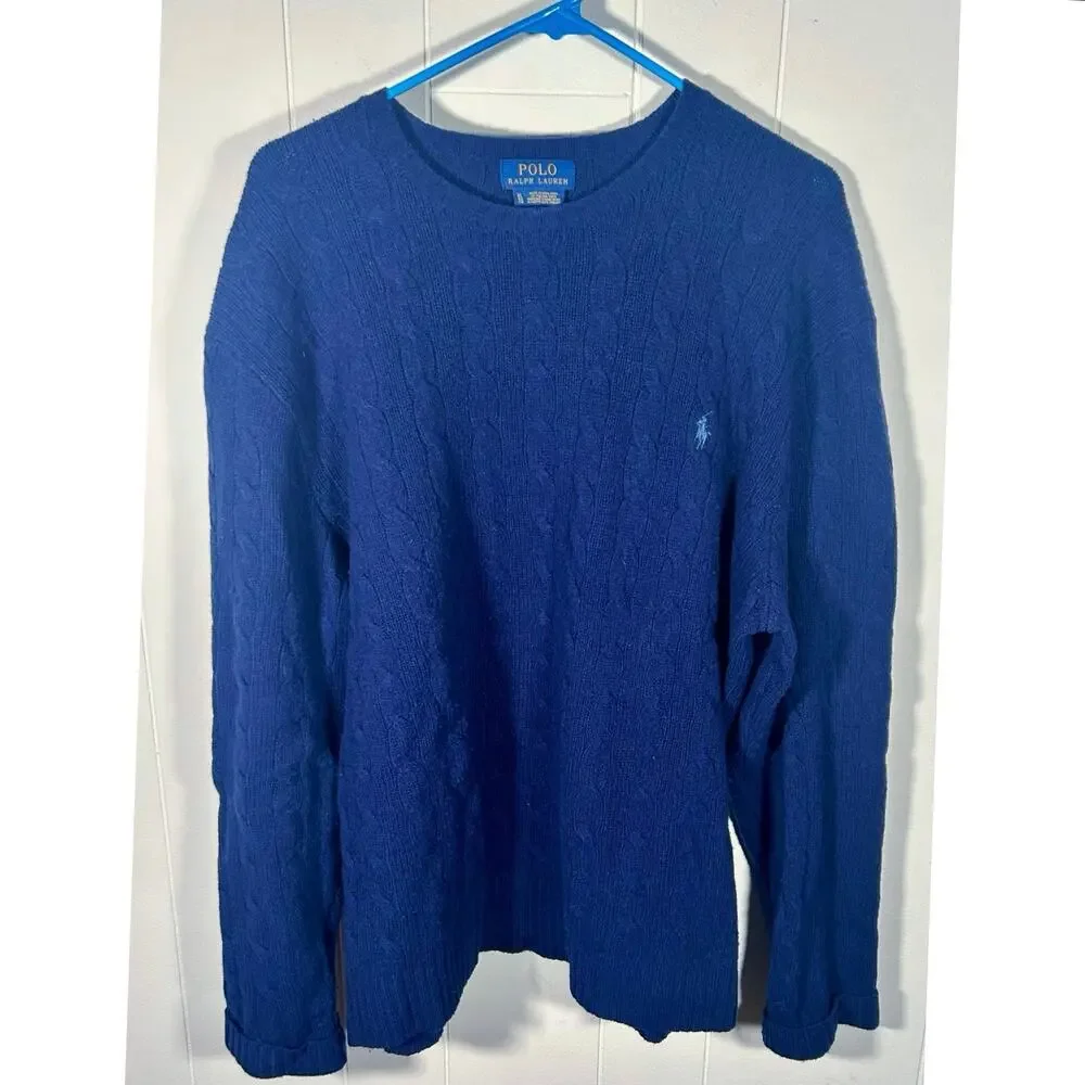 Polo‎ Ralph Lauren Mens Navy Blue Merino Wool Cashmere Cable Knit Sweater XL